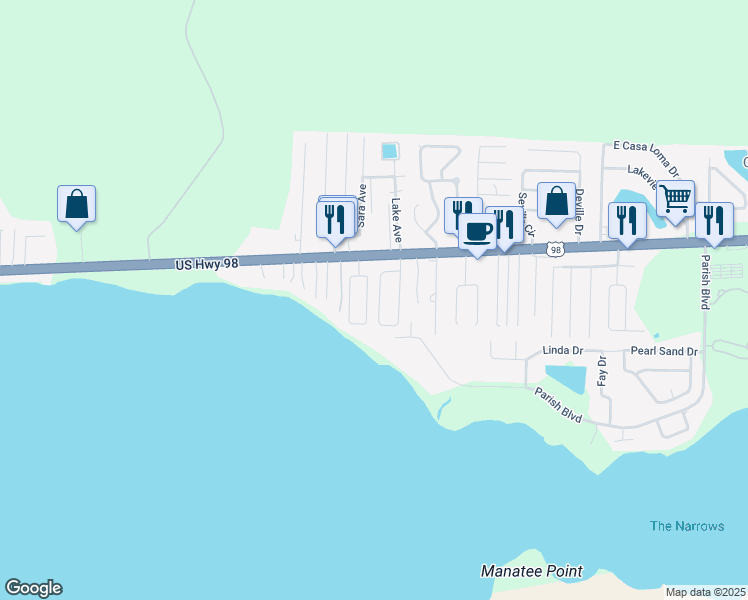 map of restaurants, bars, coffee shops, grocery stores, and more near 427 Sandy Ridge Circle in Mary Esther