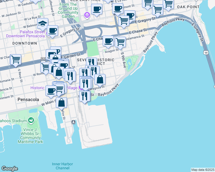 map of restaurants, bars, coffee shops, grocery stores, and more near 500 East Zaragoza Street in Pensacola