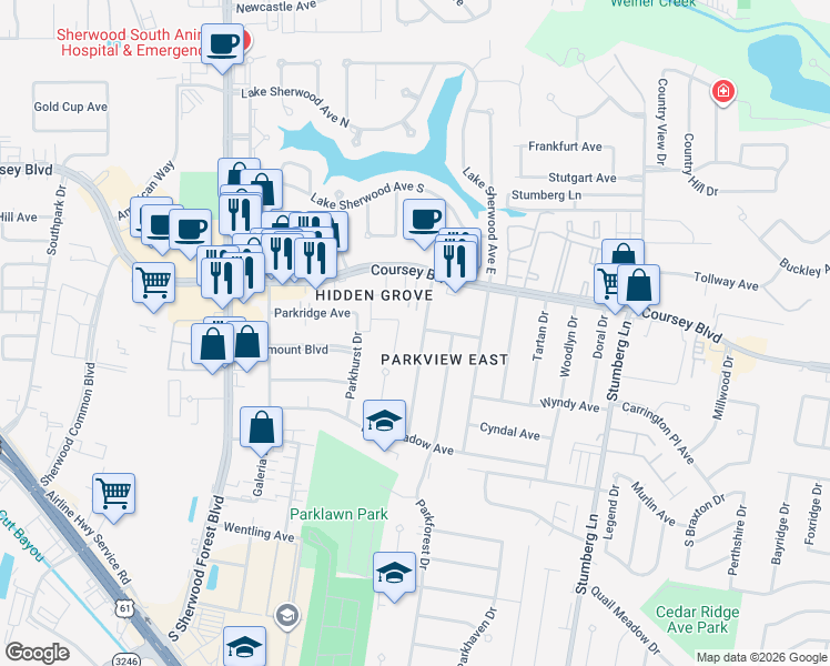 map of restaurants, bars, coffee shops, grocery stores, and more near 4708 Parkoaks Drive in Baton Rouge