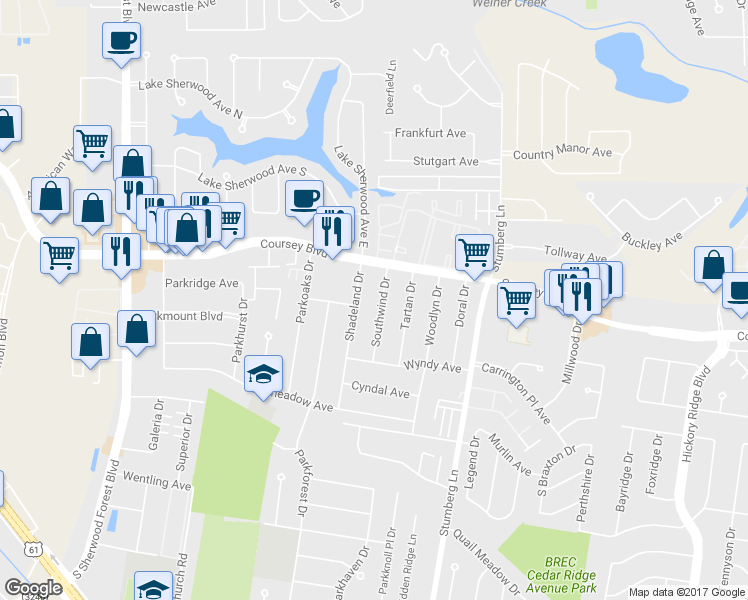 map of restaurants, bars, coffee shops, grocery stores, and more near 4630 Southwind Drive in Baton Rouge