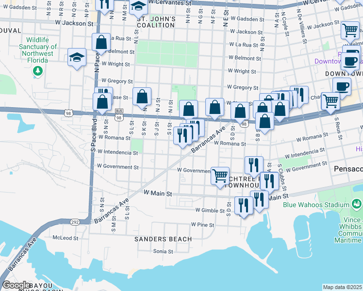 map of restaurants, bars, coffee shops, grocery stores, and more near 212 South H Street in Pensacola