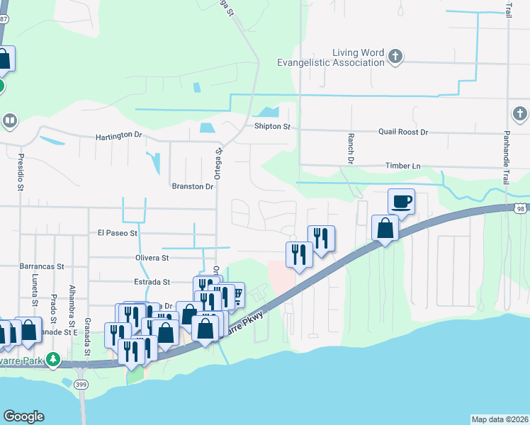 map of restaurants, bars, coffee shops, grocery stores, and more near 2073 Wilsons Plover Circle in Navarre