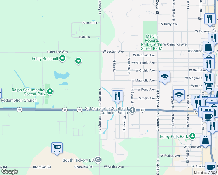 map of restaurants, bars, coffee shops, grocery stores, and more near 45 Magnolia Circle in Foley