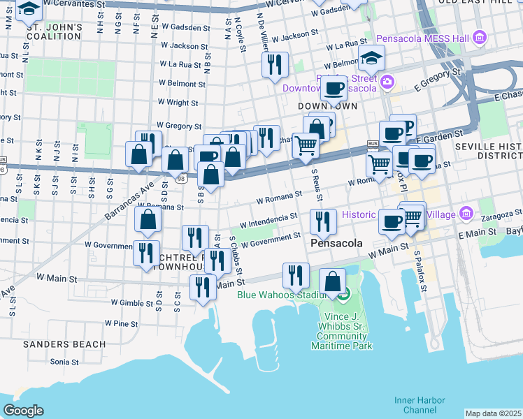 map of restaurants, bars, coffee shops, grocery stores, and more near 500 West Romana Street in Pensacola