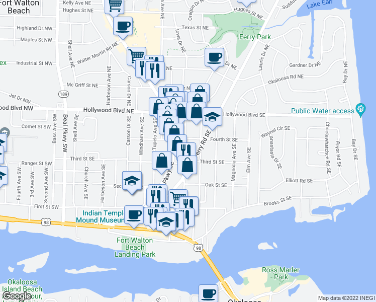 map of restaurants, bars, coffee shops, grocery stores, and more near 31 Chestnut Avenue Southeast in Fort Walton Beach
