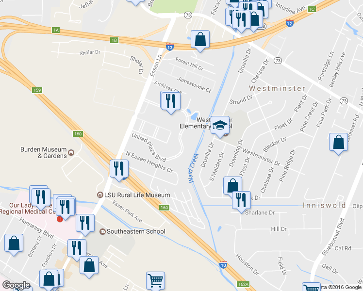 map of restaurants, bars, coffee shops, grocery stores, and more near 8520 United Plaza Boulevard in Baton Rouge