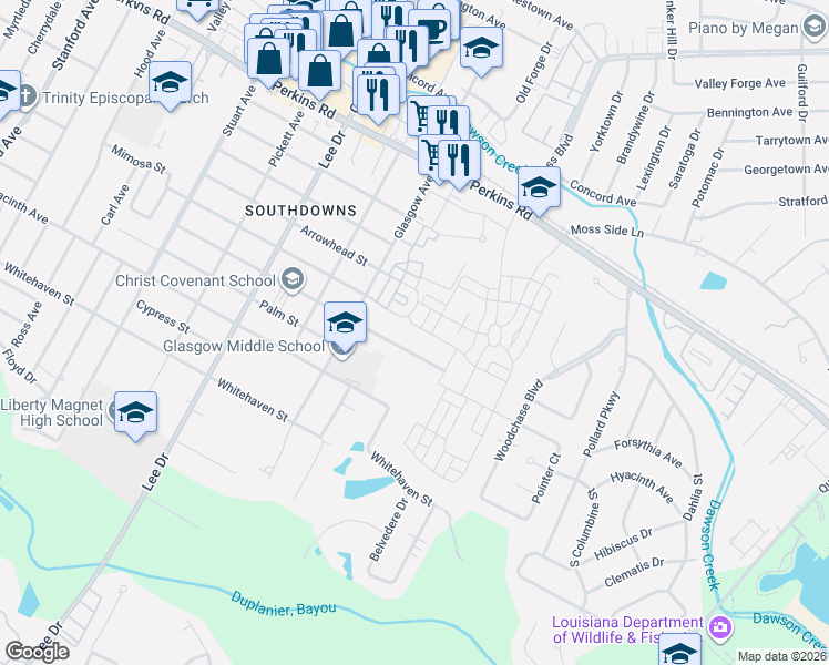 map of restaurants, bars, coffee shops, grocery stores, and more near 1913 Verte Drive in Baton Rouge