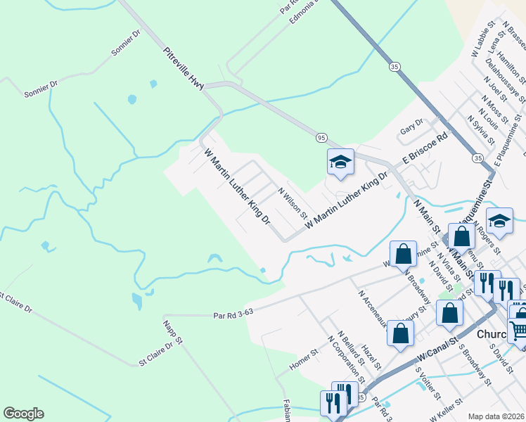 map of restaurants, bars, coffee shops, grocery stores, and more near 638 West Martin Luther King Drive in Church Point