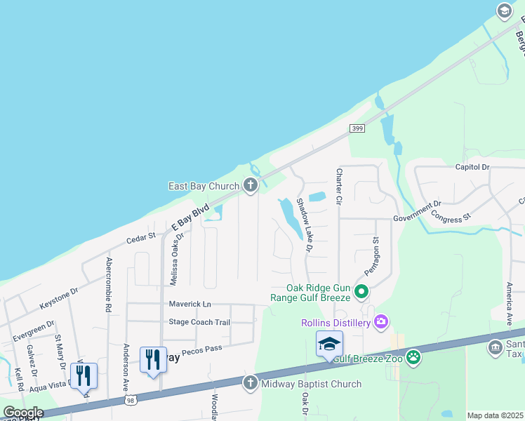 map of restaurants, bars, coffee shops, grocery stores, and more near 2025 Church Street in Gulf Breeze