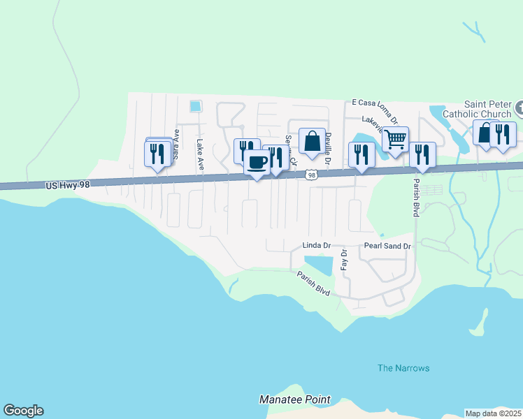 map of restaurants, bars, coffee shops, grocery stores, and more near 336 Brookwood Boulevard in Mary Esther