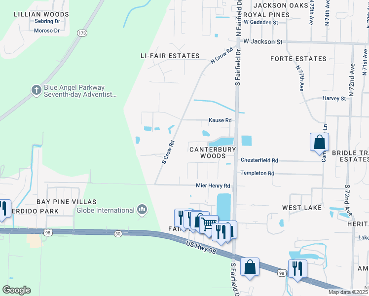 map of restaurants, bars, coffee shops, grocery stores, and more near 8164 Camelford Drive in Pensacola