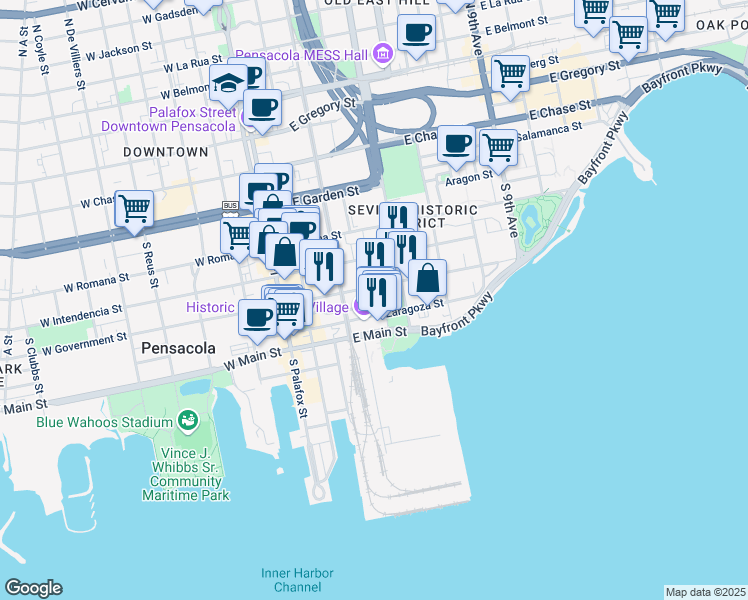 map of restaurants, bars, coffee shops, grocery stores, and more near 216 Church Street in Pensacola