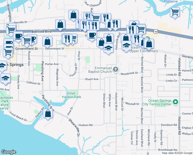 map of restaurants, bars, coffee shops, grocery stores, and more near 2009 Stuart Avenue in Ocean Springs