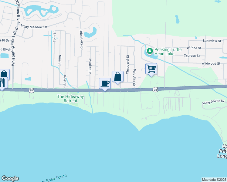 map of restaurants, bars, coffee shops, grocery stores, and more near 9923 Navarre Parkway in Navarre