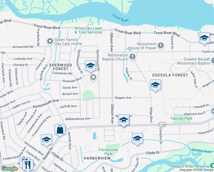 map of restaurants, bars, coffee shops, grocery stores, and more near 9420 Gibson Avenue in Jacksonville