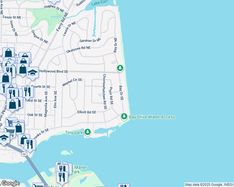 map of restaurants, bars, coffee shops, grocery stores, and more near 334 Shore Drive Southeast in Fort Walton Beach