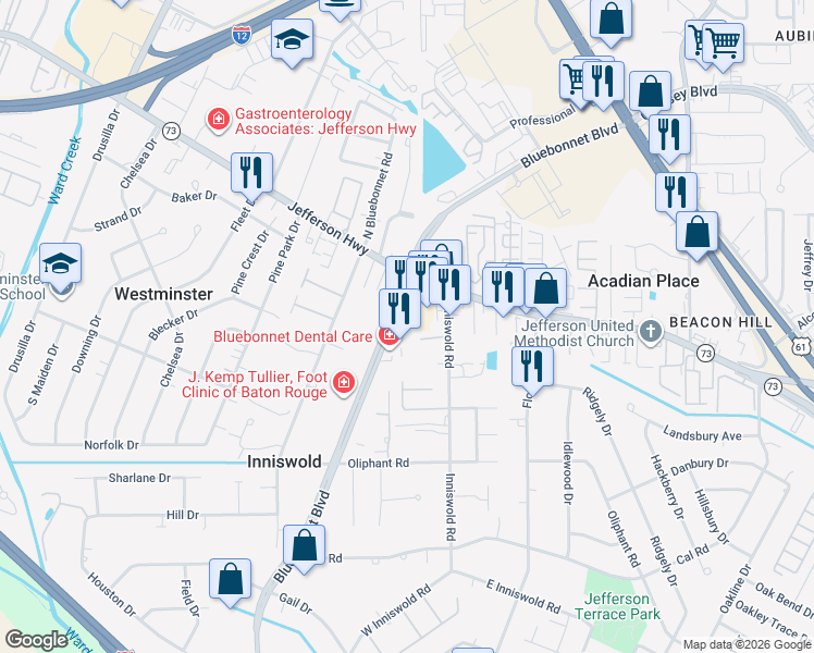 map of restaurants, bars, coffee shops, grocery stores, and more near 4303 Bluebonnet Boulevard in Baton Rouge