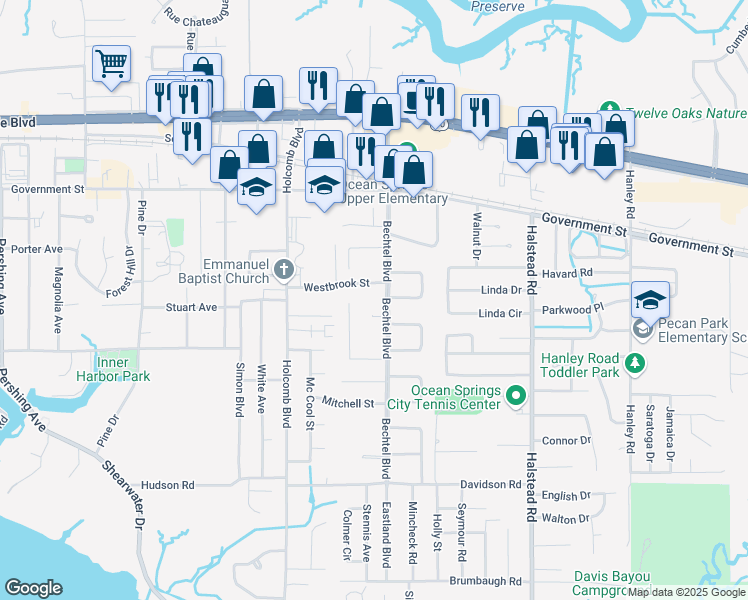 map of restaurants, bars, coffee shops, grocery stores, and more near 421 Bechtel Boulevard in Ocean Springs