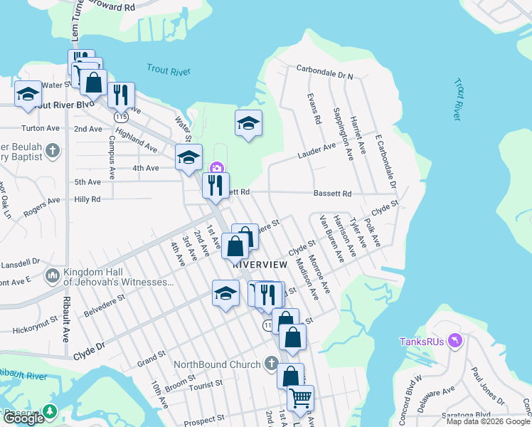 map of restaurants, bars, coffee shops, grocery stores, and more near 9231 Jefferson Avenue in Jacksonville