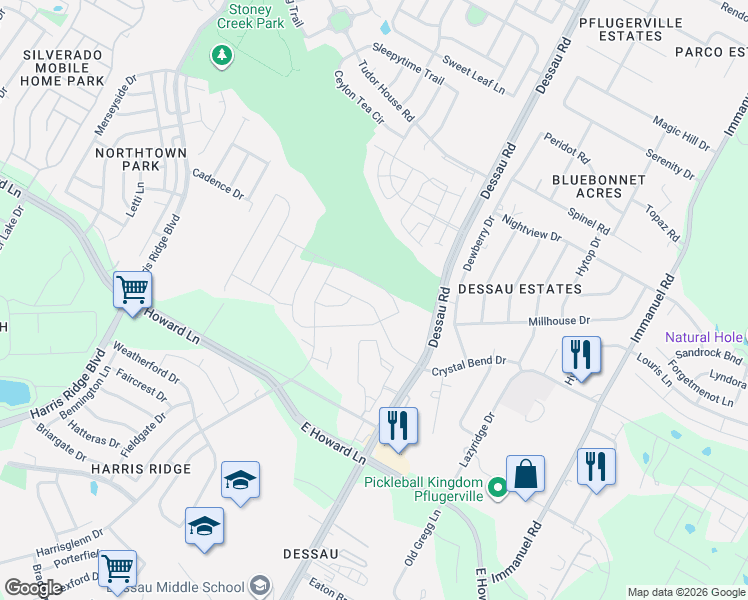 map of restaurants, bars, coffee shops, grocery stores, and more near 1521 Fort Dessau Road in Pflugerville