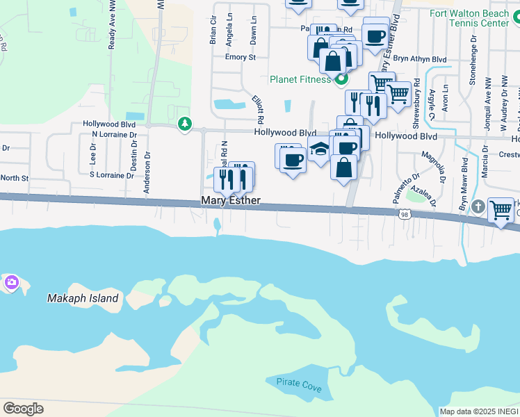 map of restaurants, bars, coffee shops, grocery stores, and more near 191 Miracle Strip Parkway in Mary Esther