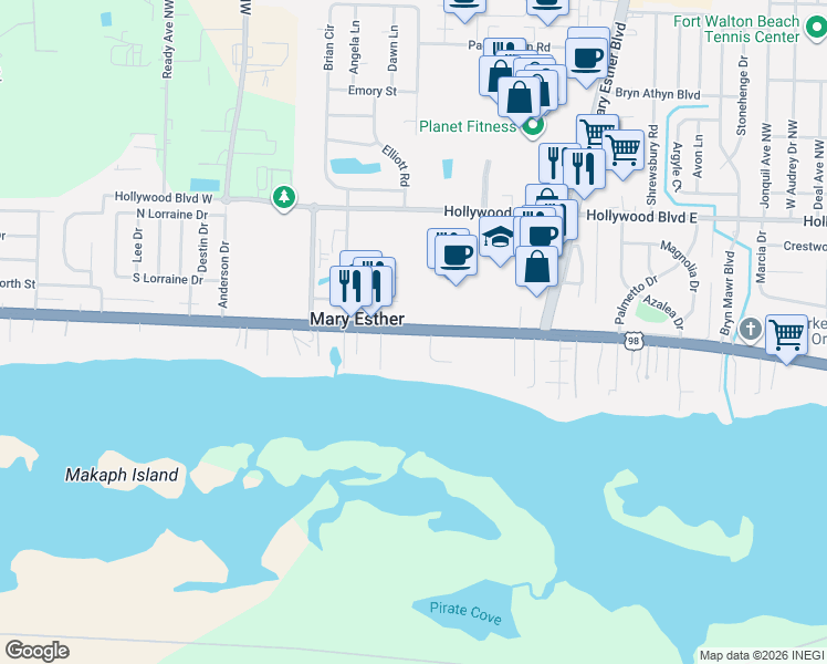 map of restaurants, bars, coffee shops, grocery stores, and more near 203 East Miracle Strip Parkway in Mary Esther
