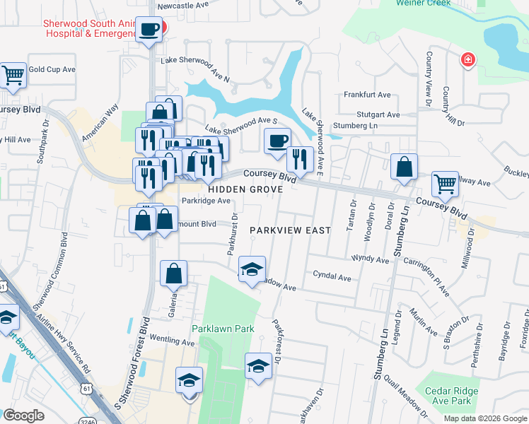 map of restaurants, bars, coffee shops, grocery stores, and more near 4708 Parkoaks Drive in Baton Rouge