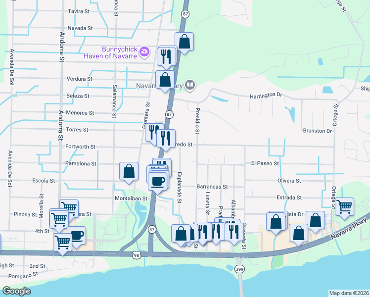 map of restaurants, bars, coffee shops, grocery stores, and more near 8479 Laredo Street in Navarre