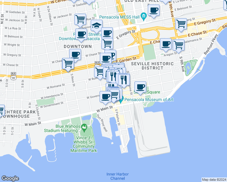 map of restaurants, bars, coffee shops, grocery stores, and more near 226 South Palafox Street in Pensacola