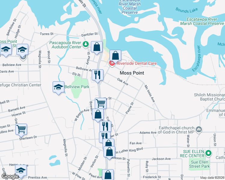 map of restaurants, bars, coffee shops, grocery stores, and more near 4400 Welch Avenue in Moss Point