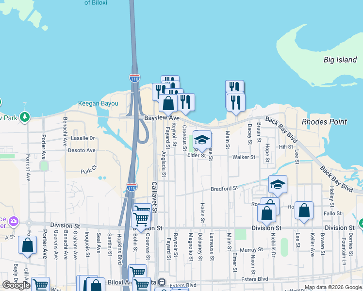 map of restaurants, bars, coffee shops, grocery stores, and more near 417 Croesus Street in Biloxi