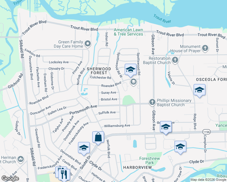 map of restaurants, bars, coffee shops, grocery stores, and more near 4605 Suray Avenue in Jacksonville