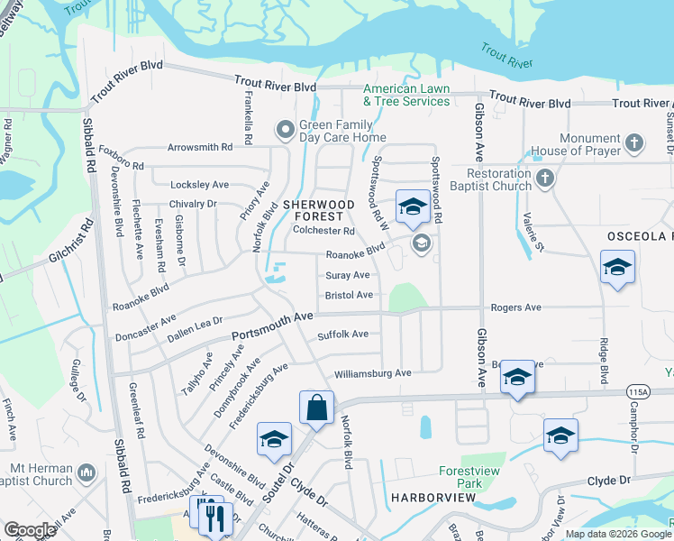 map of restaurants, bars, coffee shops, grocery stores, and more near 4649 Suray Avenue in Jacksonville