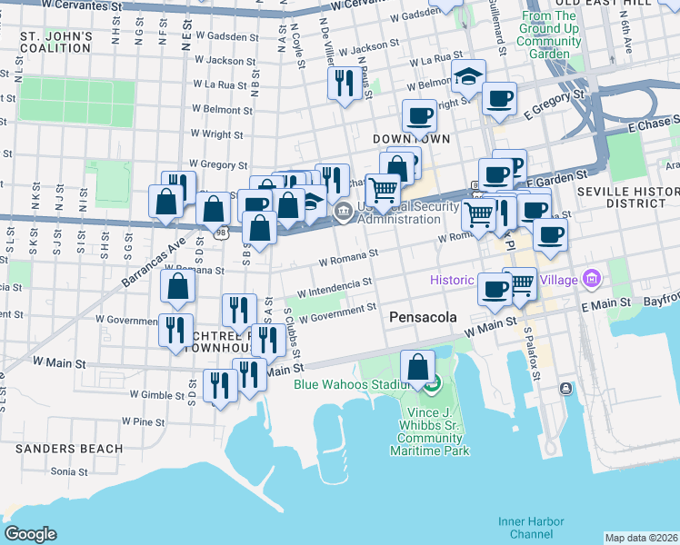 map of restaurants, bars, coffee shops, grocery stores, and more near in Pensacola