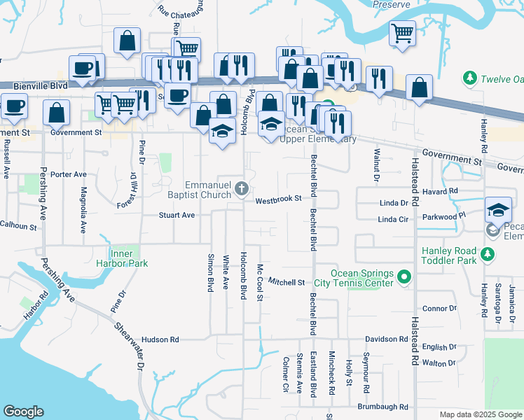 map of restaurants, bars, coffee shops, grocery stores, and more near 117 Armand Oaks in Ocean Springs