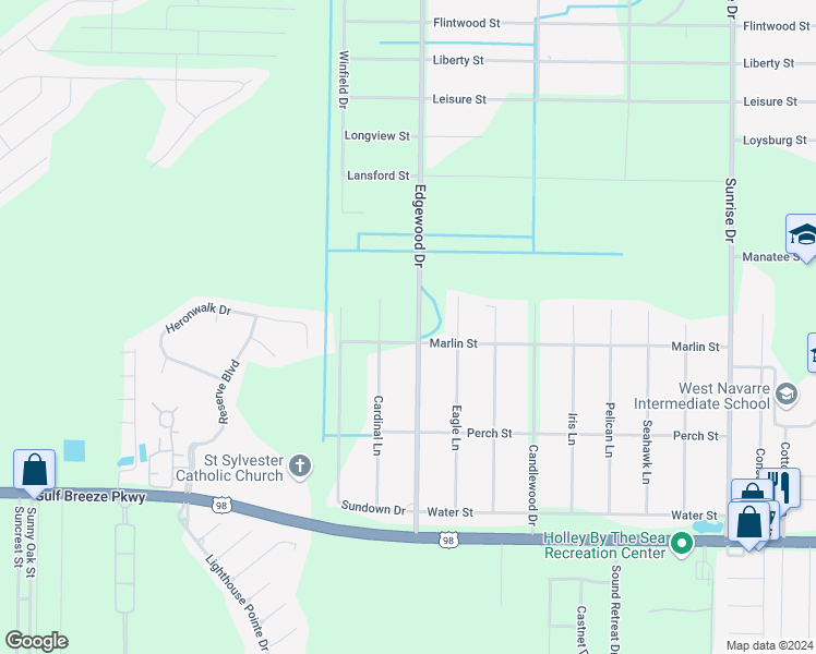 map of restaurants, bars, coffee shops, grocery stores, and more near 1981 Edgewood Drive in Navarre