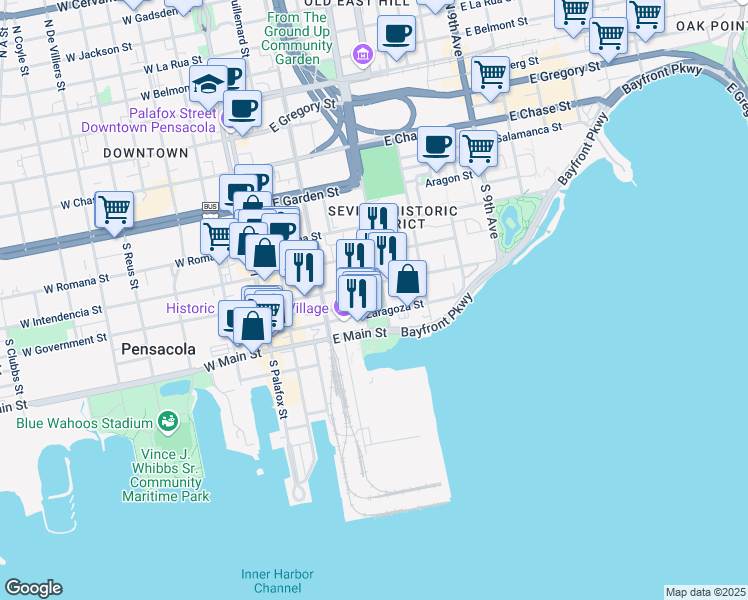 map of restaurants, bars, coffee shops, grocery stores, and more near 311 East Government Street in Pensacola