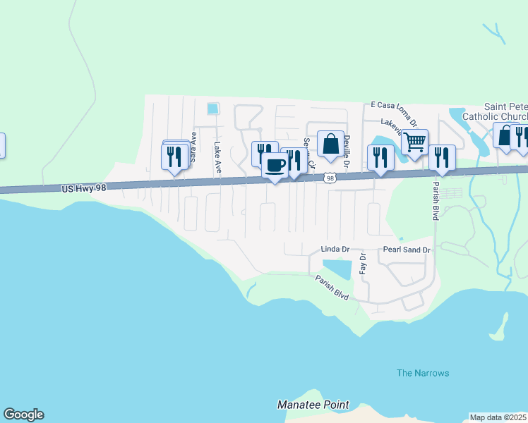 map of restaurants, bars, coffee shops, grocery stores, and more near 377 Brookwood Boulevard in Mary Esther