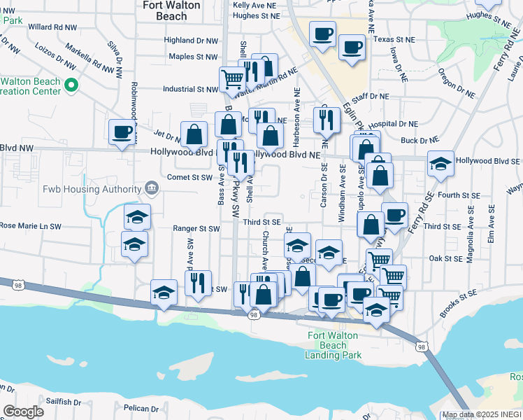 map of restaurants, bars, coffee shops, grocery stores, and more near 17 Chatelaine Circle Southeast in Fort Walton Beach
