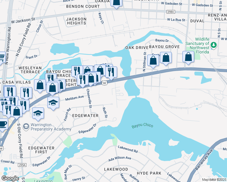 map of restaurants, bars, coffee shops, grocery stores, and more near 3 Pinewood Drive in Pensacola