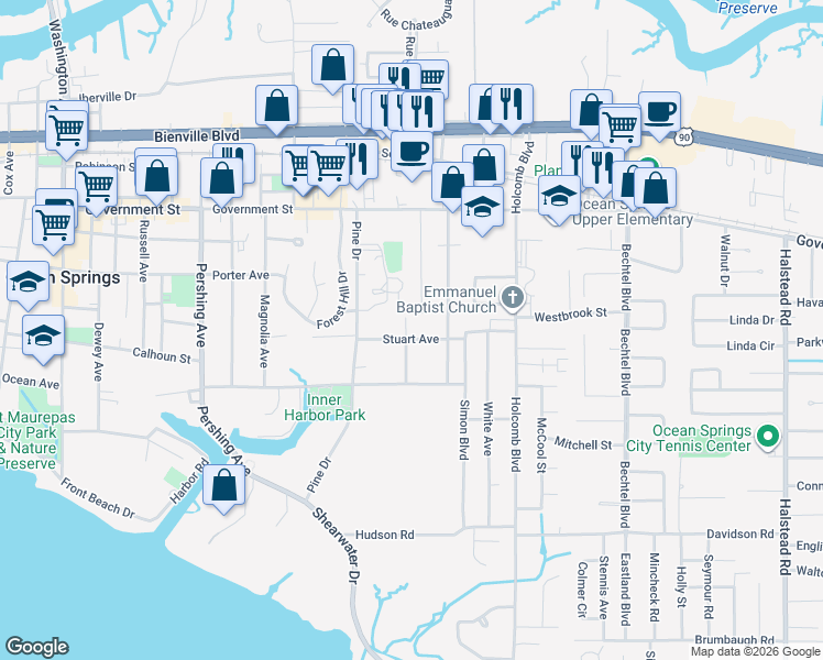 map of restaurants, bars, coffee shops, grocery stores, and more near 2009 Stuart Avenue in Ocean Springs