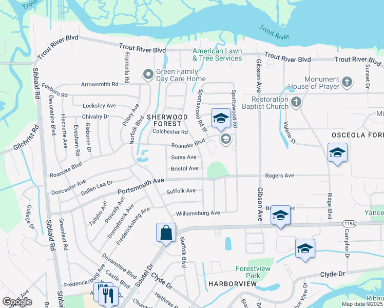 map of restaurants, bars, coffee shops, grocery stores, and more near 4605 Suray Avenue in Jacksonville