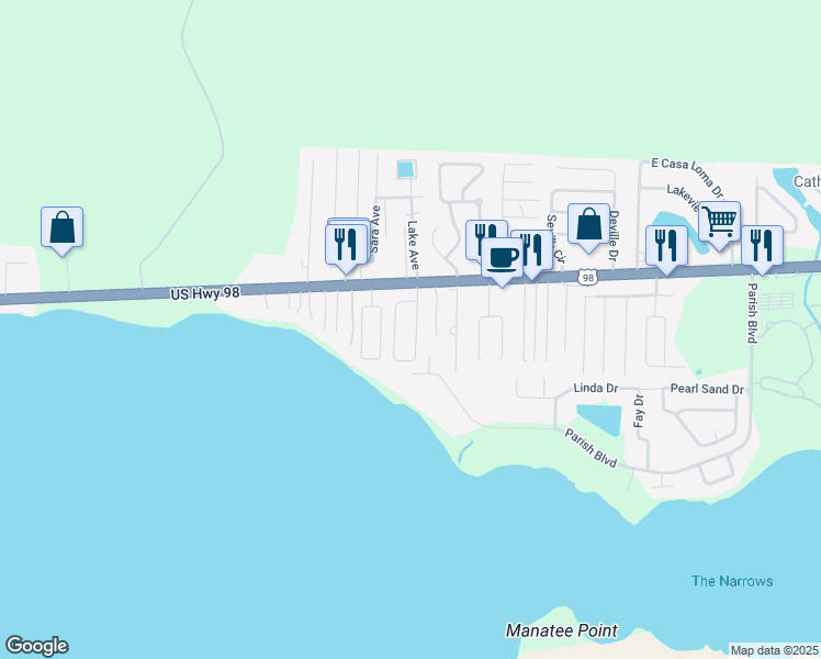 map of restaurants, bars, coffee shops, grocery stores, and more near 476 Sandy Ridge Circle in Mary Esther