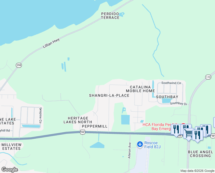 map of restaurants, bars, coffee shops, grocery stores, and more near 9849 Loquat Drive in Pensacola