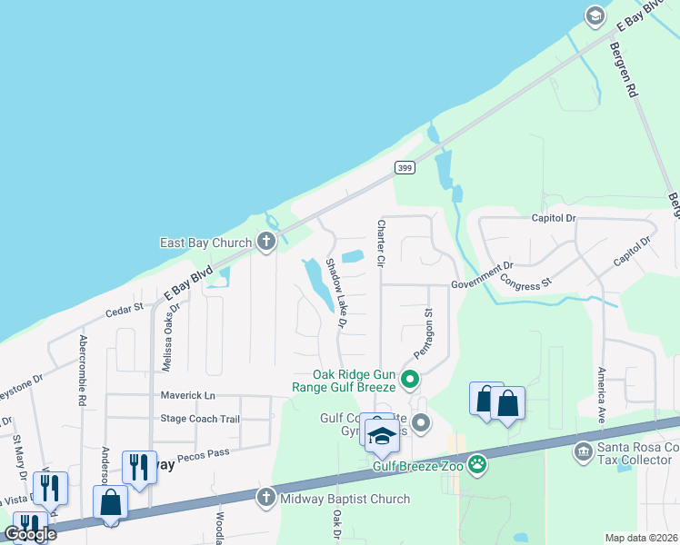 map of restaurants, bars, coffee shops, grocery stores, and more near 2032 Shadow Lake Drive in Gulf Breeze