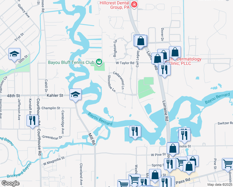 map of restaurants, bars, coffee shops, grocery stores, and more near 13 Shoreline Ln in Gulfport