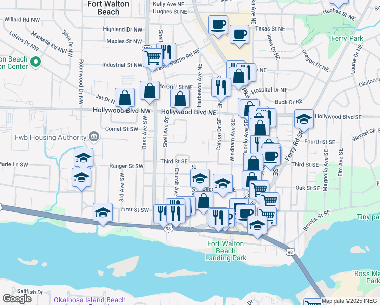 map of restaurants, bars, coffee shops, grocery stores, and more near 49 Chatelaine Circle Southeast in Fort Walton Beach