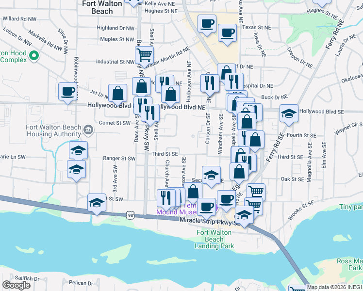 map of restaurants, bars, coffee shops, grocery stores, and more near in Fort Walton Beach