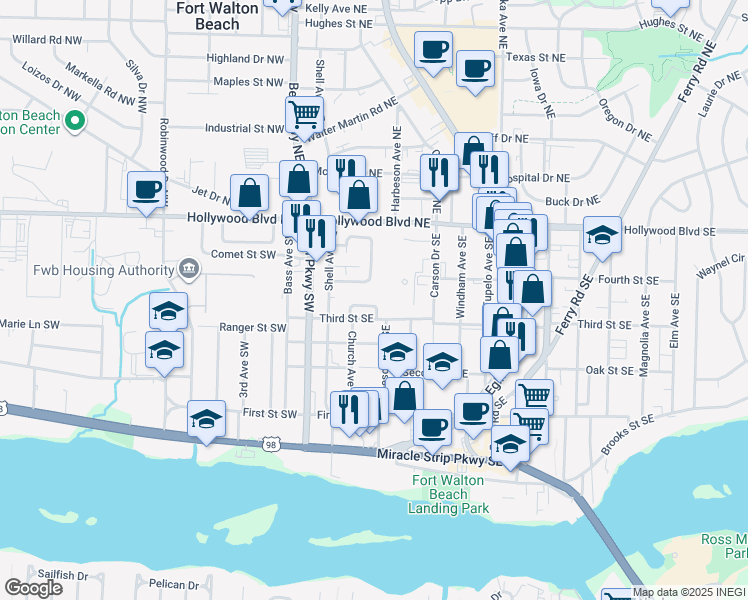 map of restaurants, bars, coffee shops, grocery stores, and more near 45 Chatelaine Circle Southeast in Fort Walton Beach