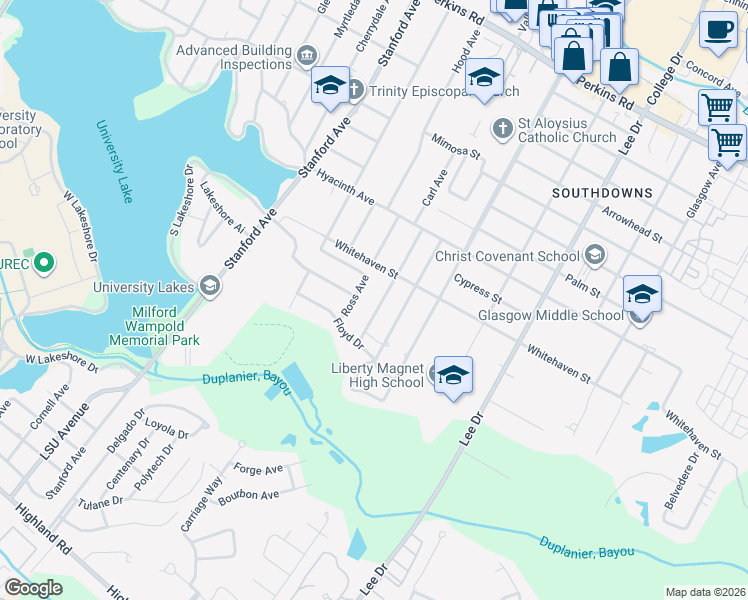 map of restaurants, bars, coffee shops, grocery stores, and more near 1307 Stephens Avenue in Baton Rouge